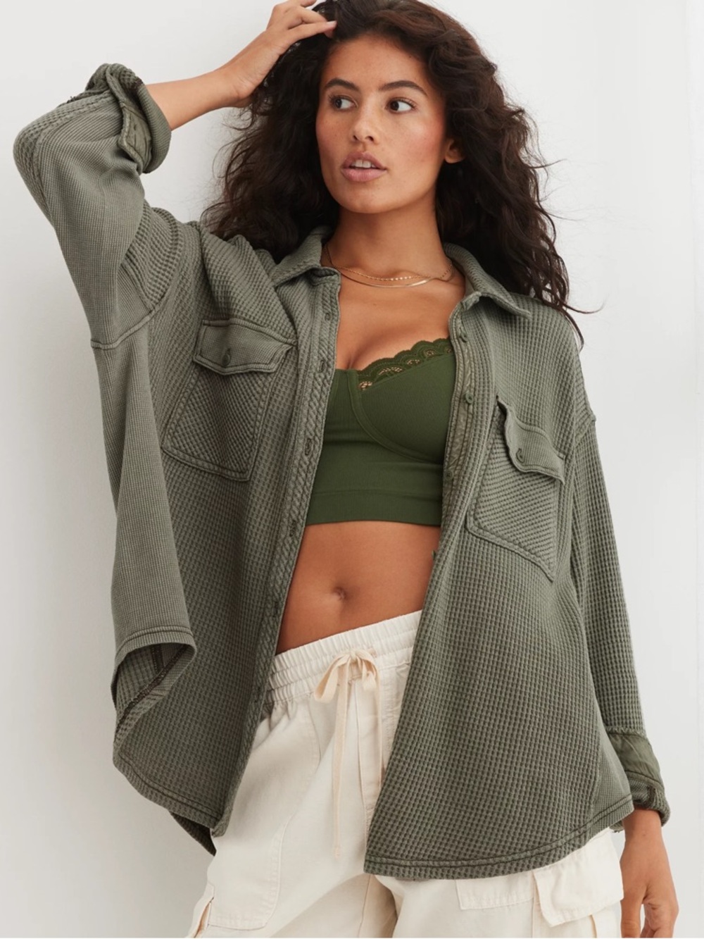 Aerie Womens Lumber Jane Waffle Shirt  Button Down Oversized Olive Green